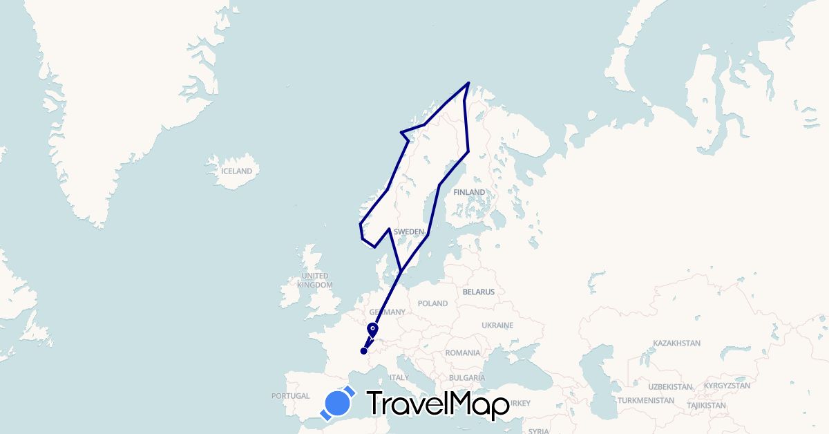 TravelMap itinerary: driving in Switzerland, Finland, France, Norway, Sweden (Europe)